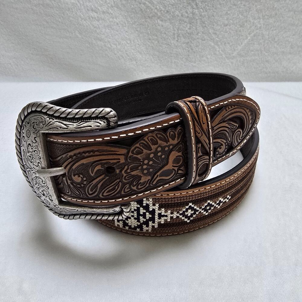 Cody James Mens 38 Southwestern Woven Inlay Brown Leather Western Belt EUC